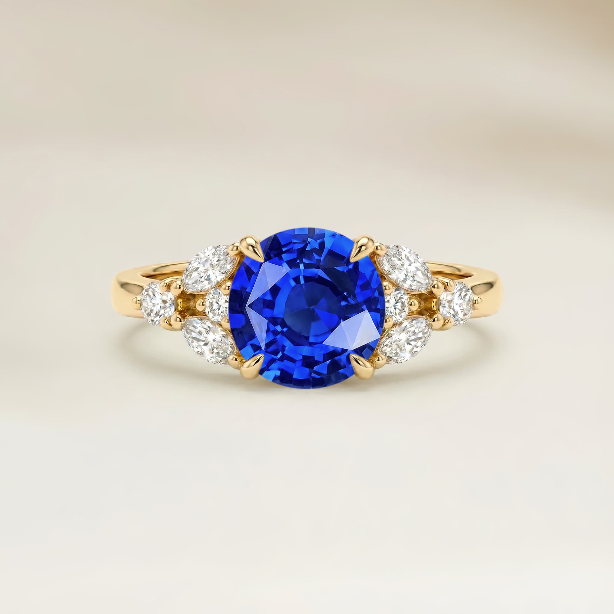 Bague Floral Saphir Bleu Rond de 1,20ct — Or Jaune 18k - vue principale