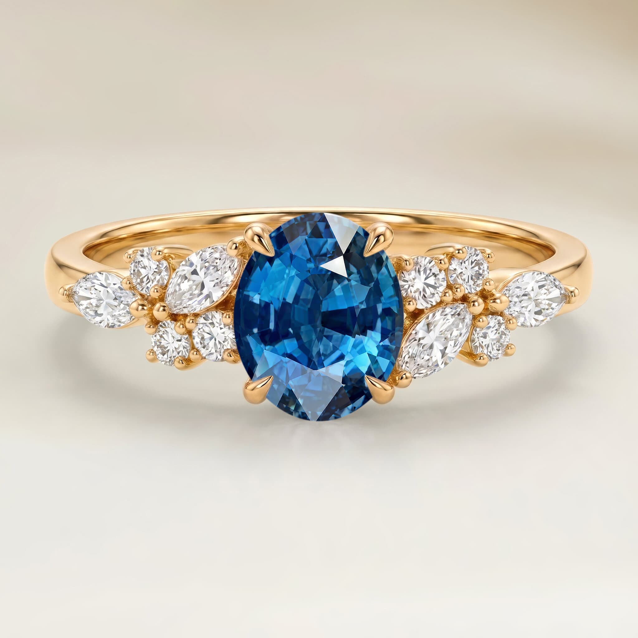 Bague Floral Saphir Bleu Ovale de 1,09ct